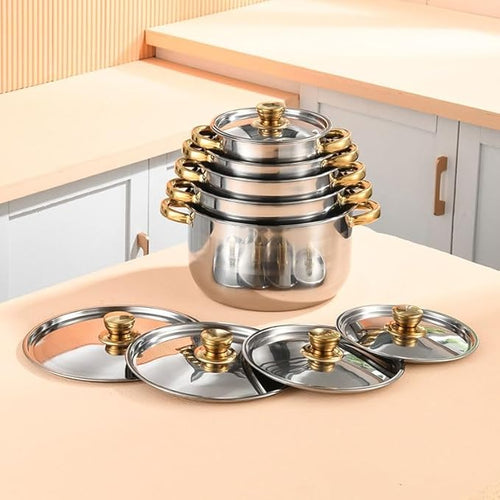 10PCS Stainless Steel Set Pot 18-26cm Lid Gold Plated Ear Soup
