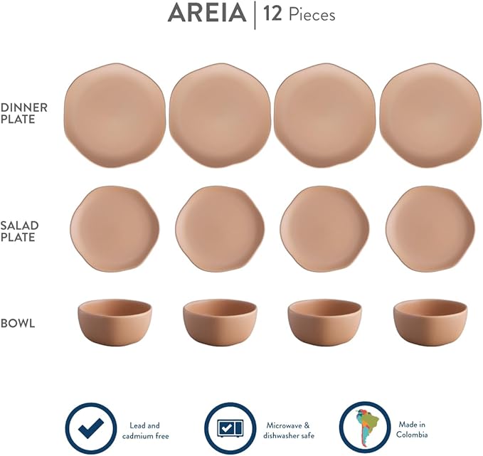 Corona Dinnerware Set 12–piece Plates and Bowls Set Ceramic Sets for 4 Microwave and Dishwasher Safe Areia Modern Organic Shape.