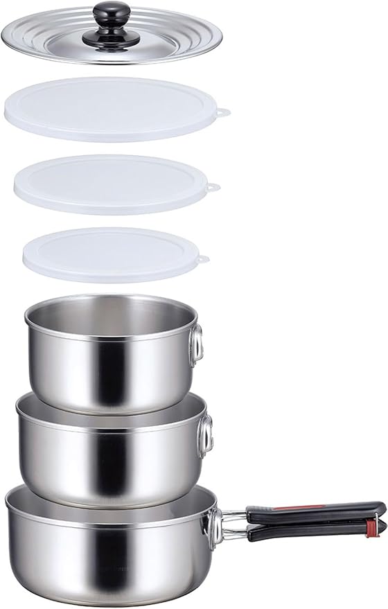 Shimomura Planning 35896 Stainless Steel Pot One-Touch Cooker Detachable Handle 3-Piece Set 6.3 inches (16 18 20 cm) Made in Japan