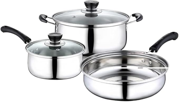 Pots and Pans Set 3 Pcs Cooking Pot Frying Pan Stainless Steel Soup Pot Milk Pan with Glass Lid Kitchen Cooking Tool Cooking(