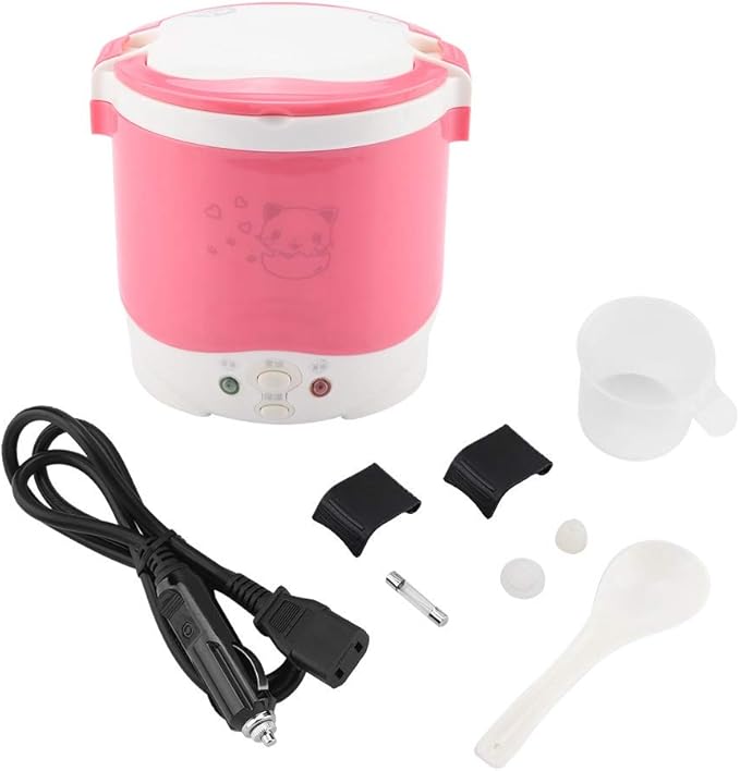Mini Rice Cooker Steamer 12V 100W 1L Electric Travel Rice Cooker Small Box Multi-function Cooking Steaming Lunch Box for Cars Home Office School Cook Raw Food(Green)