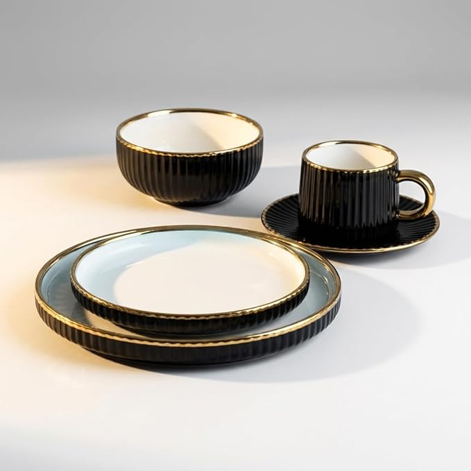 Luxury Black and White Porcelain Dinnerware Set 16 Piece Gold Rim Fluted Rim Design Service for 4 with Plates and Bowls Cups Saucers Dishwasher &amp Microwave Safe Modern (Black)