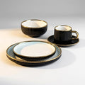 Luxury Black and White Porcelain Dinnerware Set 16 Piece Gold Rim Fluted Rim Design Service for 4 with Plates and Bowls Cups Saucers Dishwasher &amp Microwave Safe Modern (Black)