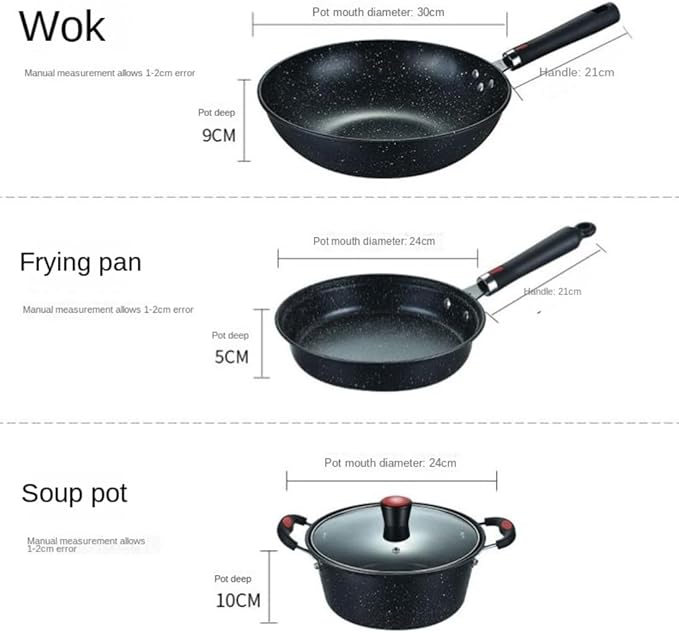 Kitchen Cooking Sets 3Pcs Cookware Set Soup Pot with Glass Lid Wok Frying Pan Wrought Iron Medical Stone Non-Stick Cooking Pot Set Kitchen Cookware Sets