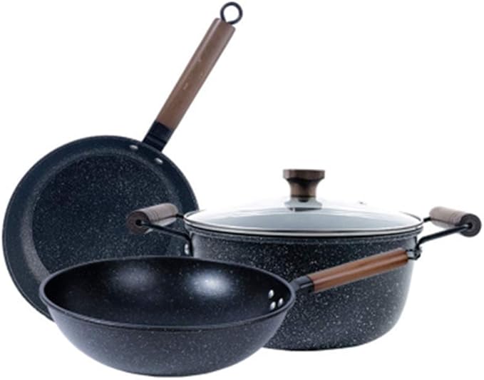 3-Piece Cookware Non-Stick Cookware Wok Frying Pan Soup Pot with Comfortable Handle Suitable for Gas Induction Cooker. Easy to Clean
