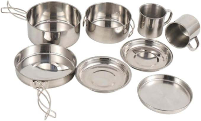 8X Camping Cookware Mess Kit Camping Utensils Set Folding Handle Cookset Pot Pan Cup Gear Outdoor Cutlery for Fishing Outdoor