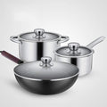 3-Piece Stainless Steel Cookware Set Frying Pan Saucepan &amp Milk Pot with Lids Stay-Cool Handles Induction-Compatible Scratch-Resistant Multi-Heat Source