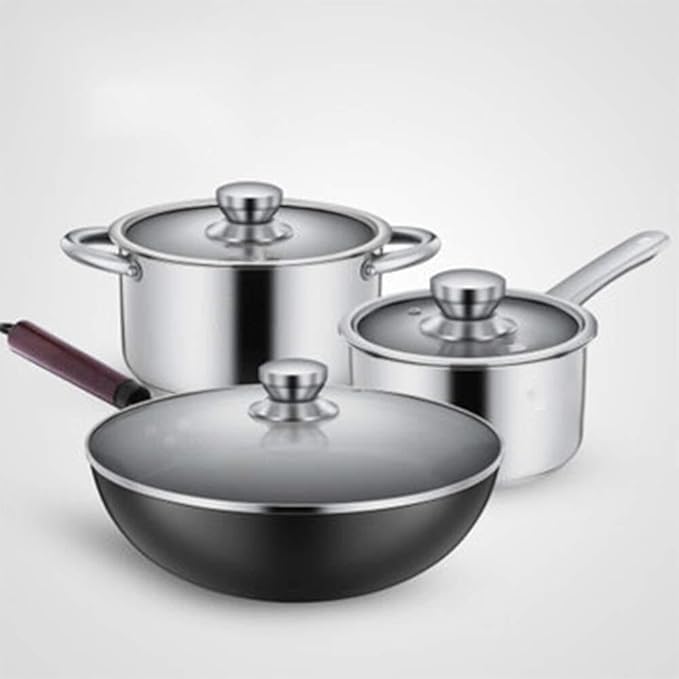 3-Piece Stainless Steel Cookware Set Frying Pan Saucepan &amp Milk Pot with Lids Stay-Cool Handles Induction-Compatible Scratch-Resistant Multi-Heat Source