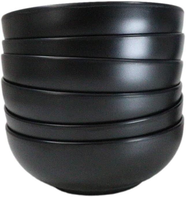 Ebros Gift Contemporary Ridged Matte Black Melamine Series Dinnerware Serveware Kitchenware Set Japanese Chinese Restaurant Supply (Pack Of 6 Round Soup Appetizer Rice Shallow Bowls 16oz)