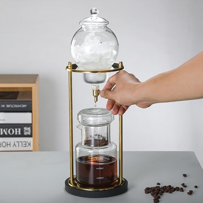 Cold Brew Coffee Maker 20OZ Iced Slow Drip Coffee Brewer Easy to Use and Clean Borosilicate Glass and Metal Base (Gold)