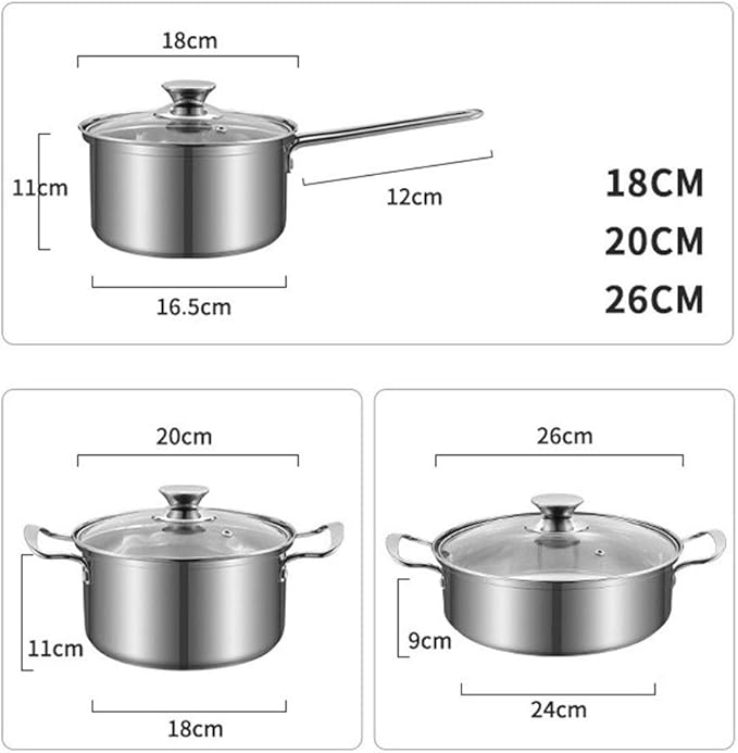 Saucepan Set Stainless Steel Cookware Set with Toughened Glass Lids Suitable for All Stove Types Induction Cooker 3 Pieces Pot &amp Pan Sets