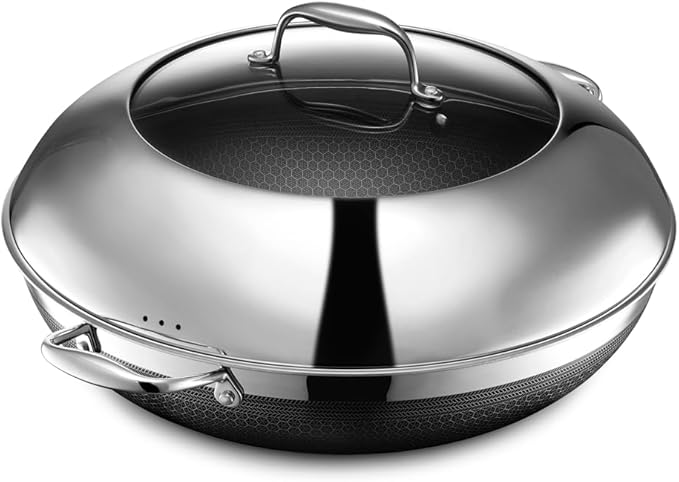 HexClad Hybrid Nonstick 7-Piece Cookware Set 14 Pan with Lid 14 Wok with Lid 12 Griddle and 10 Pan Stay-Cool Handles Dishwasher and Oven-Safe Induction Ready Compatible with All Cooktops
