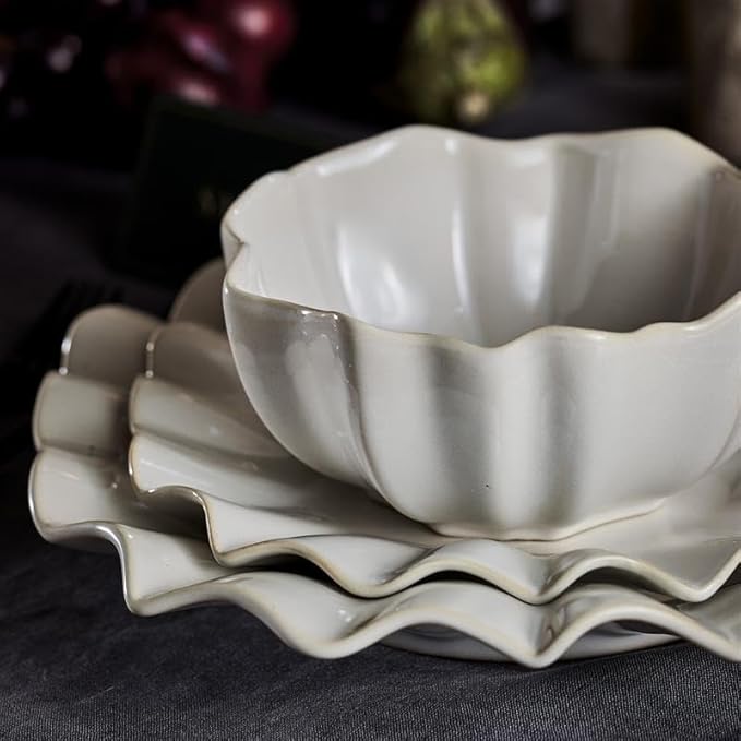 Marchesa Lotus 12-Piece Dinnerware Set Stoneware Plates and Bowls Set Dishwasher and Microwave Safe Dish Set for 4 White