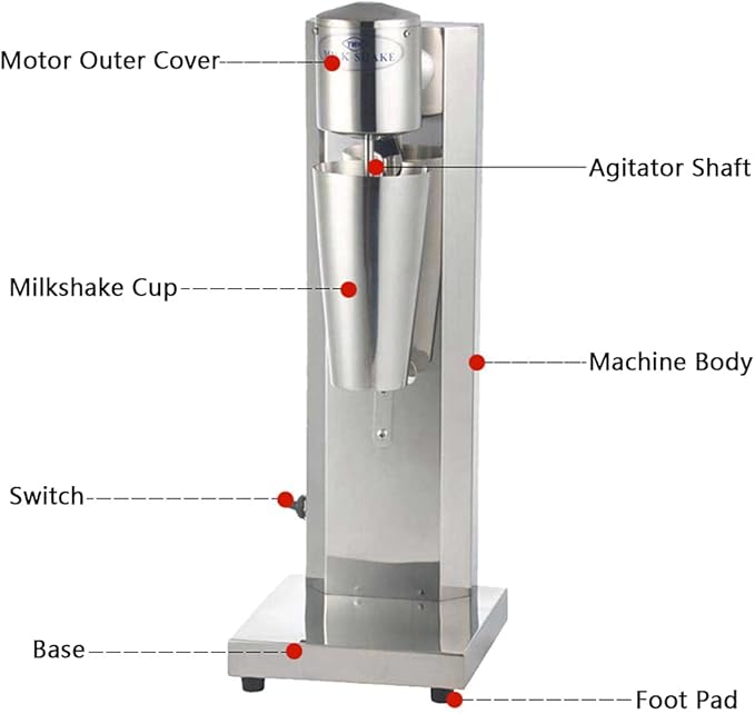 Single Head Milkshake Maker Stainless Steel Commercial Electric Ice Cream Mixer Shake Machine Smoothie Drink Blender with 750Ml Cup (180W 18000 Rpm)
