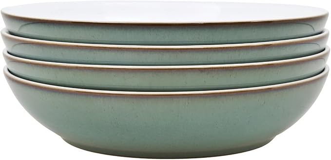 Denby - Regency Green Pasta Bowls Set of 4 - Dishwasher Microwave Safe Crockery 1050ml 22cm - Green White Ceramic Stoneware Tableware - Chip &amp Crack Resistant