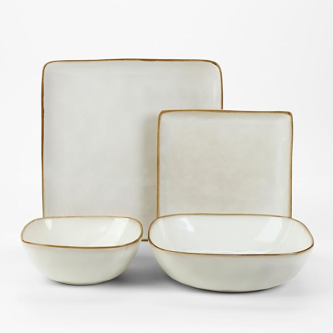 Famiware Ocean Square Plates and Bowls Sets for Kitchen 16-Piece Dinnerware Sets for 4 Reactive Glaze Cappuccino White