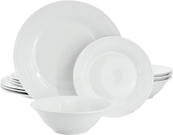 Everyday Embossed 12 Piece Ceramic Dinnerware Set Round White Plates and Bowls Dishwasher &amp Microwave Safe