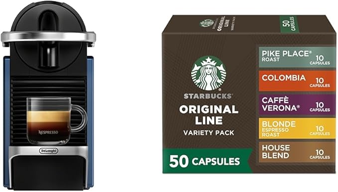 Nespresso Pixie Espresso Machine by De'Longhi Navy Blue + Starbucks Capsules Original Line