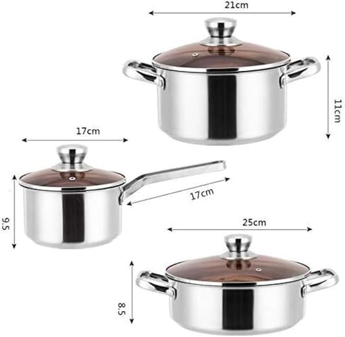 Cookware Set Pots and Pans Set 3 Pcs Thicken Stainless Steel Cooking Soup Pot with Glass Lid Milk Pan Saucepan Kitchen Supplies Cooking Pot Set Cooking Pan Set