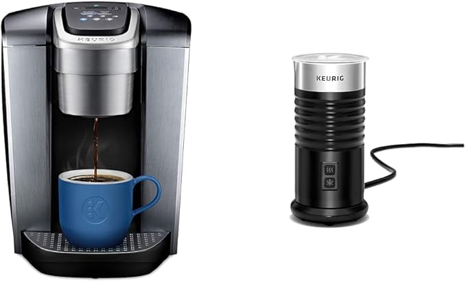 Keurig K-Elite Single-Serve K-Cup Pod Coffee Maker Brushed Silver &amp Standalone Frother Works Non-Dairy Milk Hot and Cold Frothing 6 Oz Black