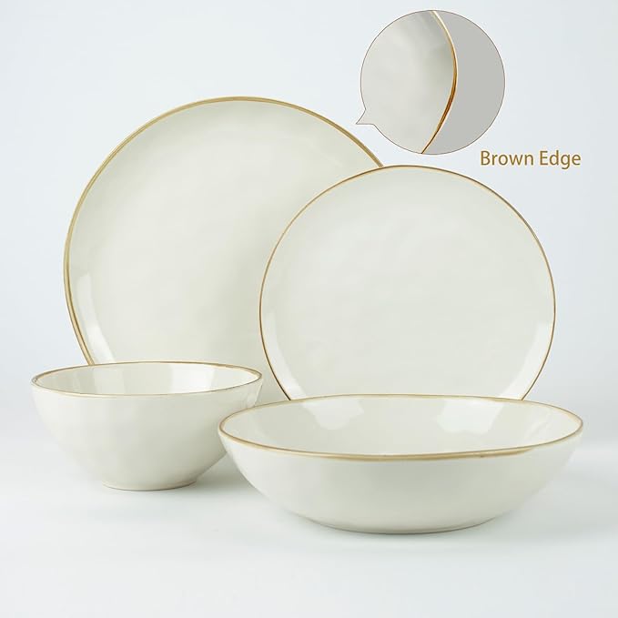 Famiware Ocean Round Plates and Bowls Sets for Kitchen 16-Piece Dinnerware Sets for 4 Microwave and Dishwasher Safe Vanilla White
