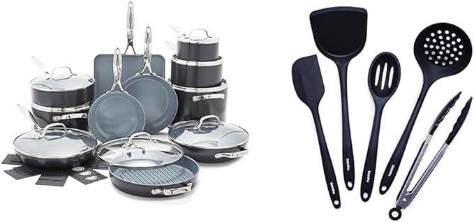 GreenPan Valencia Pro Hard Anodized Healthy Ceramic Nonstick 22 Piece Cookware Pots &amp Pans Set &amp 5 Piece Cooking Utensil Set Flexible Nonstick Silicone Stain-Free Tongs Turner Spatula