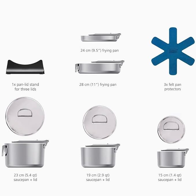 Joseph Joseph Space Steel 8-Piece Stainless Steel Sauce Pan Set with Lids Nesting with Folding Handles Induction &amp Oven Safe