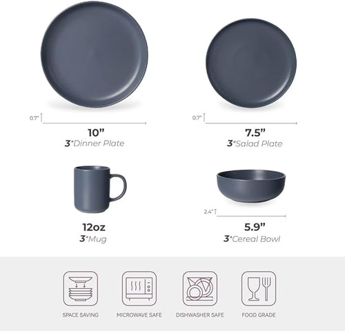 12-Piece Stoneware Dinnerware Set with Mugs Blue Matte Glaze Microwave and Dishwasher Safe Stackable Dinner Plates Bowls and Mugs for 3