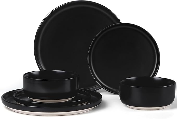 LIANYU Plates and Bowls Sets for 2 6 Piece Stoneware Dinnerware Set Porcelain Dishware for Kitchen and Dining Microwave Oven Dishwasher Safe High temperature &amp Scratch Resistant Matte Black