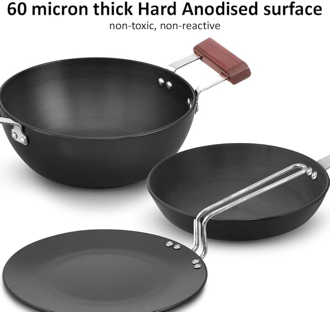 Hawkins Futura 6-Piece Hard Anodised Induction Gift Set - 2L Kadhai 20cm Frying Pan 26cm Tava Glass Lid Stainless Steel Skimmer and Turner (HAGP1)