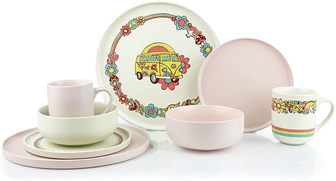 Everything Kitchens Modern Flat 16-Piece Dinnerware Set | Peace &amp Love (32-Piece Dinnerware Set | Soft Pink)