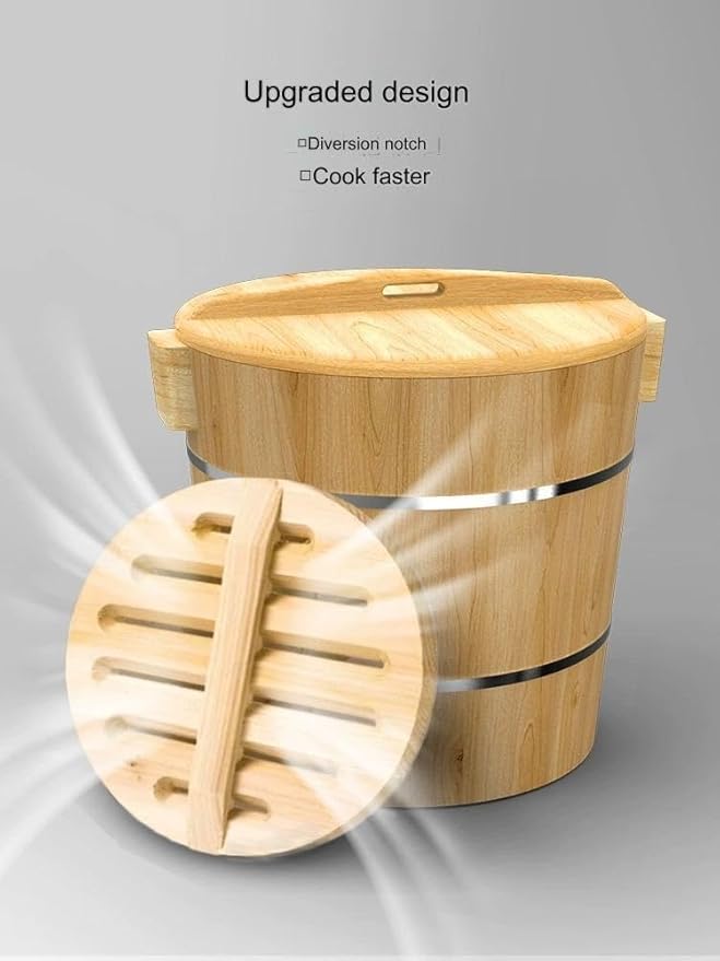 Wooden Rice Barrel Rice Steaming Barrel Rice Mixing Barrel Wooden Storage Barrel Rice Cooking Barrel with Lid for Home Restaurant(33 * 30 * 28cm)