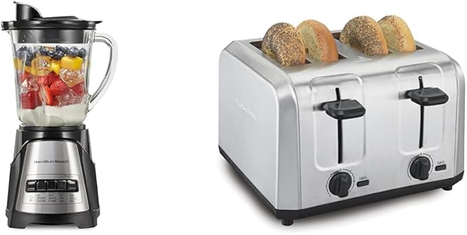 Hamilton Beach Power Elite Wave Action Blender For Shakes and Smoothies Puree Crush Ice &amp 4 Slice Toaster with Extra Wide Slots for Bagels Shade Selector Toast Boost