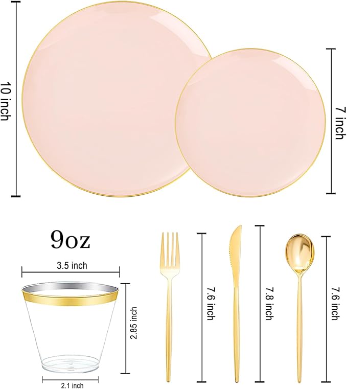 bUCLA 150PCS Pink Plastic Plates - Pink and Gold Disposable Include 25 Each (Dinner &amp Dessert) Plates 25 Knives 25 Forks 25 Spoons and 25 Cups Ideal for Party Wedding &amp Easter