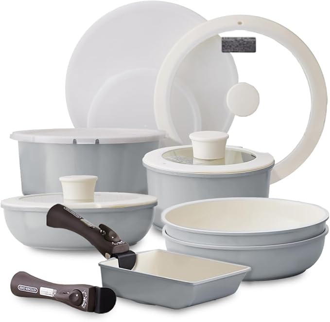 Iris Ohyama CCRC-14S Frying Pan with Removable Handle Heat Conductive Frying Pan Set 14-Piece Set Crushing Ceramic Color Pan Comfortable to Use After Cooking Ready to Use As It Is For Your Table