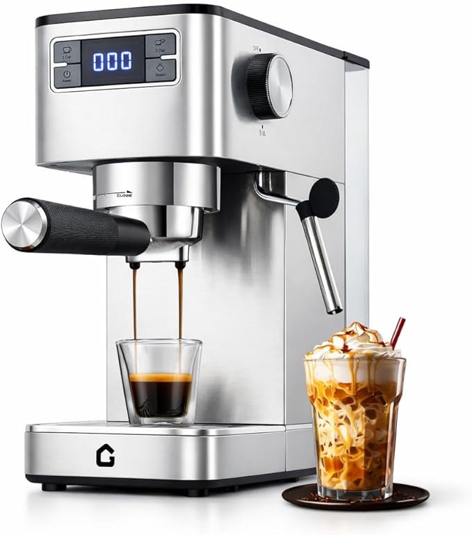 Espresso Machine Stainless Steel Coffee Machine with 20-Bar Pump Pressure Steam Wand for Milk Frothing Single/Double Shot Espresso Americano Cappuccino Latte Compact Home Coffee Maker 120V Silv