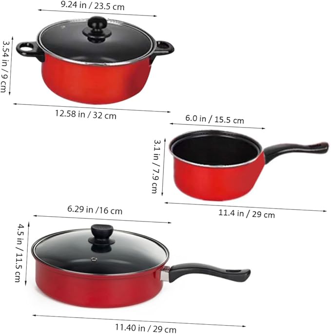 FUOYLOO 3pcs Nonstick Frying Pan Soup Pot Milk Pan Set Red Kitchen Cookware Multifunctional Cooking Tool Home Daily Use