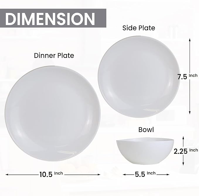 BLUENIYA 12 Piece Bone China Dinnerware Set - White Lightweight Chip &amp Break Resistant Dish Set for 4 - Modern Round Plates &amp Bowls Microwave &amp Dishwasher Safe for Everyday &amp Specia