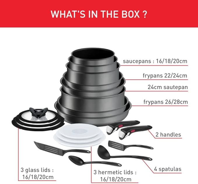 Tefal Ingenio Daily Chef ON 20 pieceNon-Stick Pan Set 22&amp24&amp26&amp28 cm Frying pans 16&amp18&amp20 cm Saucepans 24 cm Sautepan 16&amp18&amp20cm Glass Lids 16&amp18&amp20 cm Hermeti