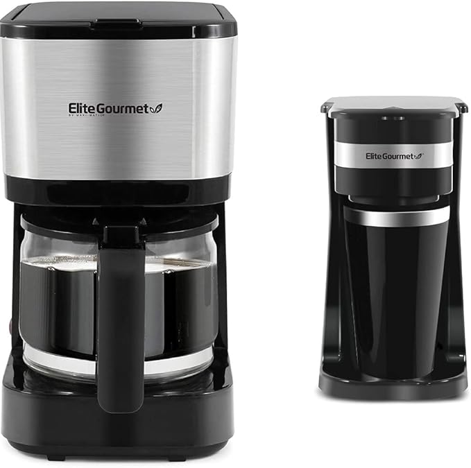 Bundle of Elite Gourmet EHC9420 Automatic Brew &amp Drip Coffee Maker + Elite Gourmet EHC113 Personal Single-Serve Compact Coffee Maker Brewer Includes 14Oz. Stainless Steel Thermal Travel Mug Black