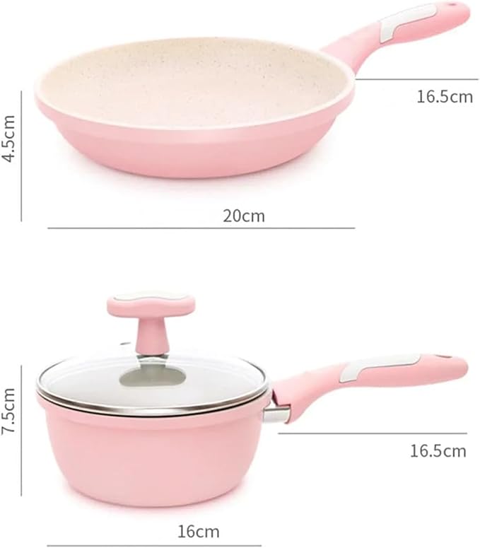 cookware set Stone Kitchen Soup Non-Stick Frying Pan Set Pot Milk With Handle Lid Cookware Cooking Utensils For(Pink set 1)