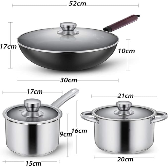 3-Piece Stainless Steel Cookware Set Frying Pan Saucepan &amp Milk Pot with Lids Stay-Cool Handles Induction-Compatible Scratch-Resistant Multi-Heat Source