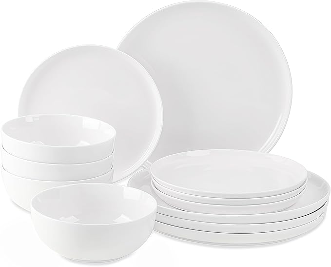 Plates and Bowls Sets 12 Pieces Dinnerware Sets Ceramic Dishes Set for 4 White Kitchen Dishware Set Microwave and Dishwasher Safe