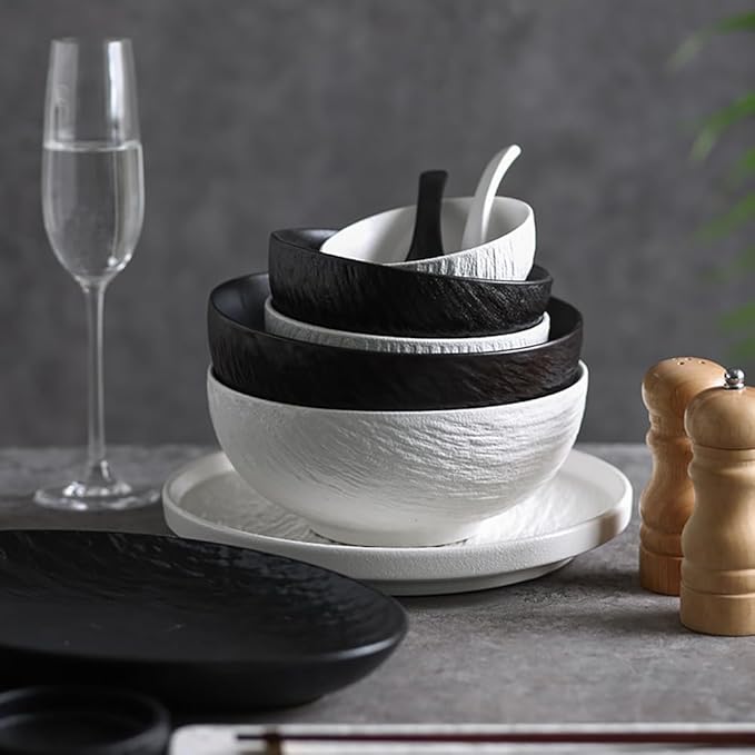 Wabi Sabi Stone Texture Ceramic Dinnerware Set 16-Piece Matte Bowl &amp Plate Set - 10” &amp 8” Plates Bowl Cups - Minimalist Stoneware for Modern Dining (Black/White) (black)