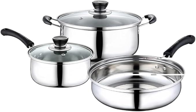 RUVOO Cookware Set Pots and Pans 3pcs Stainless Steel Cookware Set Soup Pot Milk Pan with Glass Lid Frying Pan Kitchen Cooking Tool Kitchen Kitchen Cooking Set