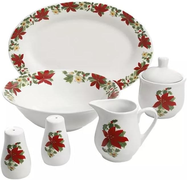Poinsettia 7 Piece Porcelain Serving Set in Red – Christmas Dinnerware with Holiday Plates Creamer &amp Sugar Bowl Microwave &amp Dishwasher Safe