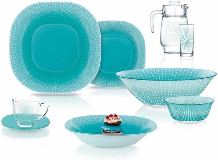Carina Pop Art Turquoise Glass Dinnerware Set of 44 for 6 pers. Dessert Plate Dinner Plate Deep Plate Salad Bowls Decanter with Glass Mug and Saucer