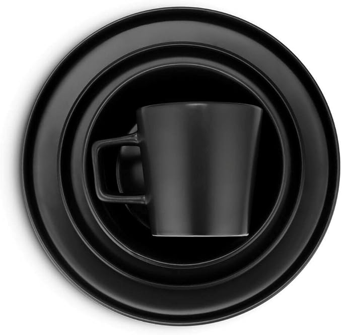 Durable 32 Piece Round Ceramic Stoneware Dinnerware Set For 8 Rustic Speckled Collection | Unique Lipped Rim Design On Plates Microwave &amp Dishwasher Safe | Modern Appearance Pretty Black Shade