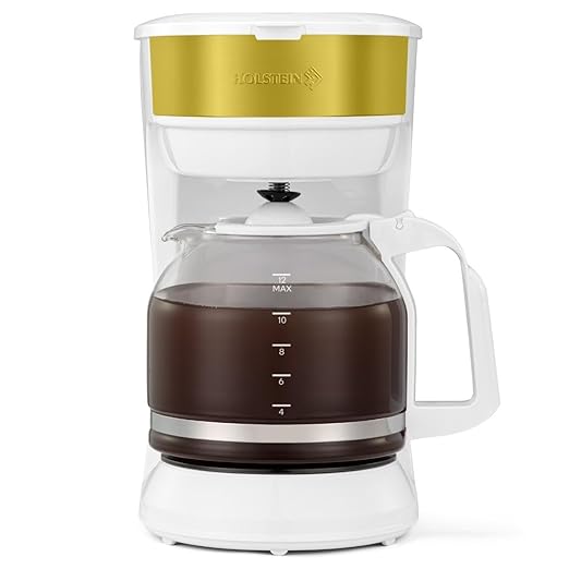 Holstein Housewares 12-Cup Coffee Maker 61oz Drip Coffee Machine with Glass Carafe Auto Pause &amp Serve Compact Design – Ideal for Home Office &amp Travel Coffee Brewing White and Gold
