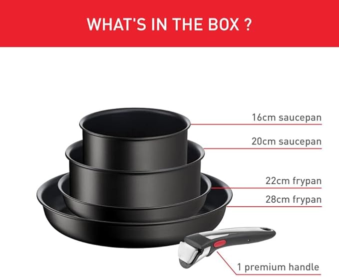 Tefal Ingenio Unlimited On 5 Piece Set Pots &amp Pans Set Stackable Easy Cleaning Bakelite Removable Handle Non-Stick Coating Heat Indicator Induction Black L3959543